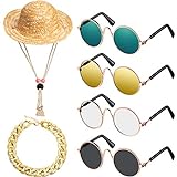6 Pieces Pet Dog Cat Costume, Pet Sunglasses and Summer Pet Straw Hat with Faux Gold Chain Collar, Classic Funny Pet Accessories for Pet Cat Puppy Small Medium Dog Birthday Cosplay Party (Cute Style)