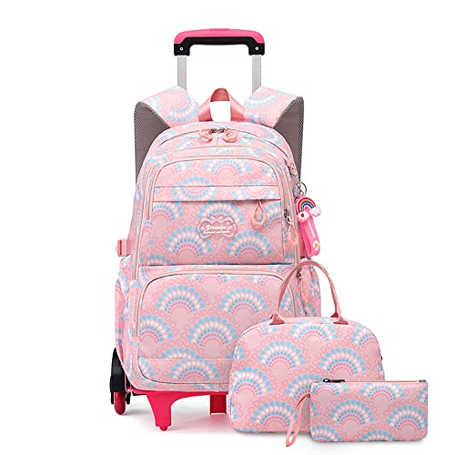 YJMKOI 3PCS Heart Print Rolling Backpack for Girls Colorful Elementary Trolley School Bags Kids Book Bags Set with wheels