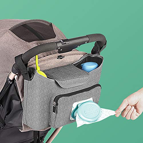 Baby Stroller Organizer - Stroller Accessories Bag Large Space with 2 Cup Holders Multiple Zipper Pockets for Bottle, Diaper, Phone, Toys, Baby Items - Fits All Strollers, Easy Installation