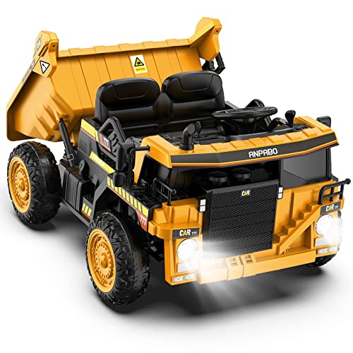 ANPABO Ride on Dump Truck, 12V Car with Remote Control, Electric Bed and Extra Shovel, Construction Vehicle Music Player, Key Start for Safety, Ideal Gift Kids