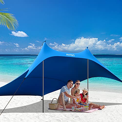 AKASO Beach Tent, Portable Beach Canopy Sun Shelter UPF50+ for 6-8 People, for Beach, Camping Trips, Fishing, Backyard or Picnics (10×10 FT with 2 Poles)