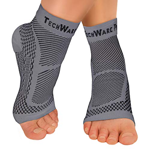 TechWare Pro Ankle Brace Compression Sleeve - Relieves Achilles Tendonitis, Joint Pain. Plantar Fasciitis Foot Sock with Arch Support Reduces Swelling & Heel Spur Pain. (Gray, L / XL)