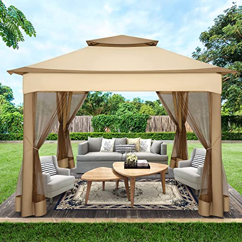 COBIZI Pop Up Gazebo Patio Gazebo Outdoor Gazebo with Mosquito Netting 11x11 Outdoor Canopy Shelter with Double Roof Ventiation 121 Square Feet of Shade for Lawn, Garden, Backyard and Deck, Khaki