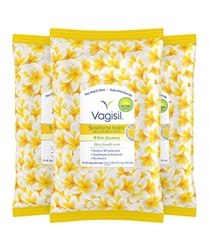 Vagisil Scentsitive Scents Daily Feminine Intimate Wipes for Women, Gynecologist Tested, White Jasmine, 30 Wipes - Pack of 3