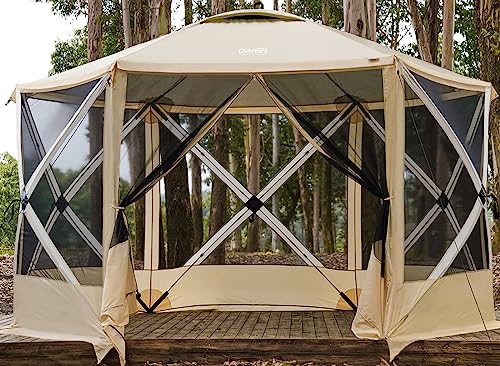 Quictent 6-Sided Pop up Screen House Tent, 11.5x11.5ft Portable Gazebo Instant Hub Design Screened Canopy with Mosquito Netting, Vented Top for Camping,Outdoors,Backyard (Beige)