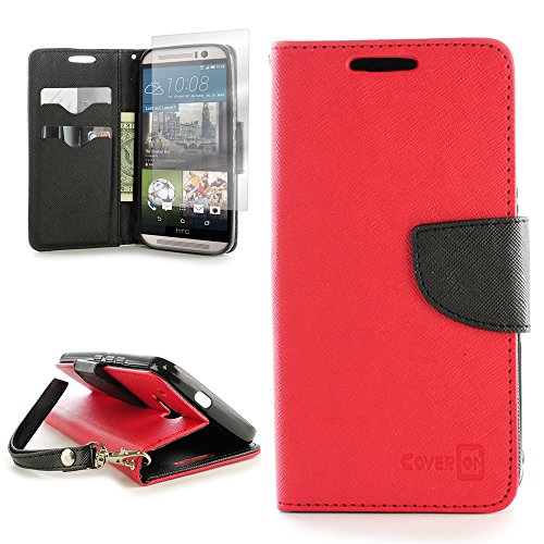 HTC One M9 Wallet Case and Screen Protector, CoverON® [Carryall Series] Protective Wallet Pouch Flip Stand Phone Cover Case for HTC One M9 - Red & Black