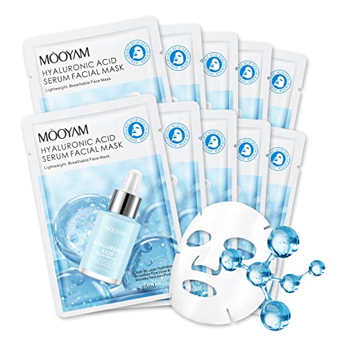 Hyaluronic Acid Face Sheet Mask Skincare, Hydrating Facial Masks, Deep Moisturizing Face Mask for All Skin Types Anti Aging Facial Mask for Women Skin Care, Smoothing Rejuvenating, Pack of 10