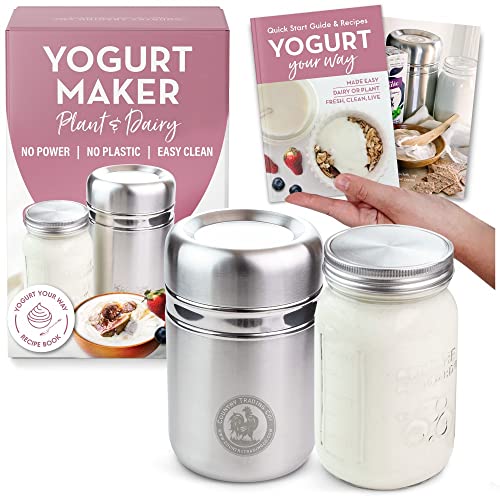 Stainless Steel Yogurt Maker with 1 Quart Glass Jar and Complete Recipe Book to Make 12+ Easy Homemade Dairy Free and Milk Yogurts