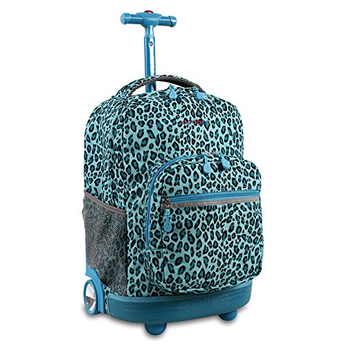 J World New York Sunrise Kids Rolling Backpack for Girls Boys Teen. Roller Bookbag with Wheels, Mint Leopard, 18'