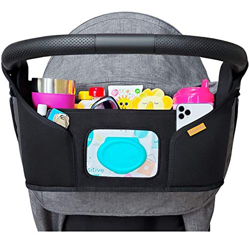 liuliuby Stroller Organizer - Large Storage Space with Cup Holder & Easy Access Wipes Pocket - Customizable Compartments & Universal Fit Stroller Caddy - Parent Console Accessories