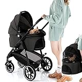 Kenyone Pet Stroller, 3 in 1 Multifunction Pet Travel System 4 Wheels Foldable Aluminum Alloy Frame Carriage for Small Medium Dogs & Cats (Black)