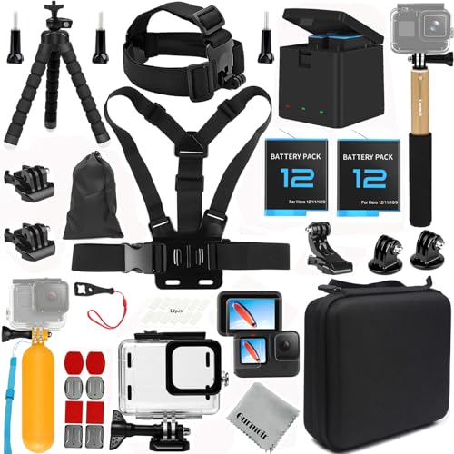 Gurmoir Accessories Kit with Battery and Charger for Gopro Hero 12 11 10 9 Black, Waterproof Case+Selfie Stick+Tripod+2 Battery+3-Channel Charger Station Compatible with Go pro 12 11 10 9(PT09)