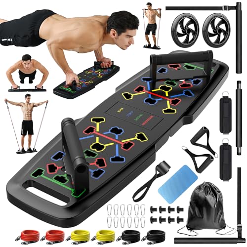 MQRW Push Up Board,Home Gym,Portable Exercise Equipment,Pilates Bar & 20 Fitness Accessories with Resistance Bands & Ab Roller Wheel,Full Body Workout at Home