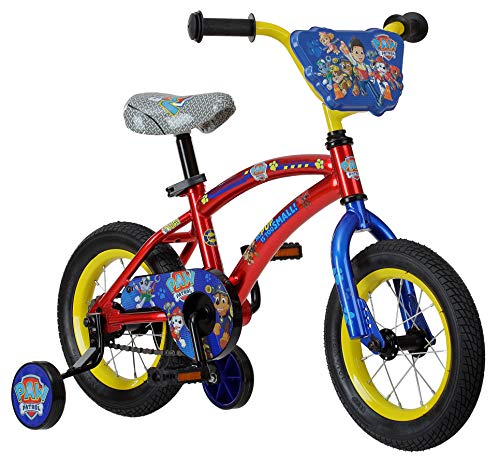 Nickelodeon Paw Patrol Toys Bicycle, Kids to Toddler Bike, Paw Patrol Chase, Marshall, Rocky, Rubble, Skye, and Ryder on a Red Steel Frame, Includes Training Wheels, 12-Inch Wheels