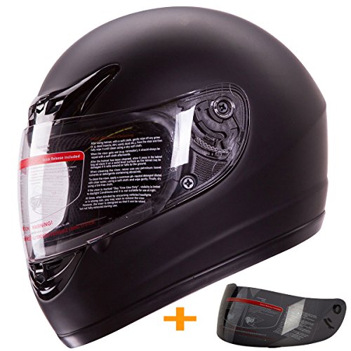 Matte Flat Black Full Face Motorcycle Helmet DOT +2 Visors Comes with Clear Shield and Free Smoked Shield (Medium)