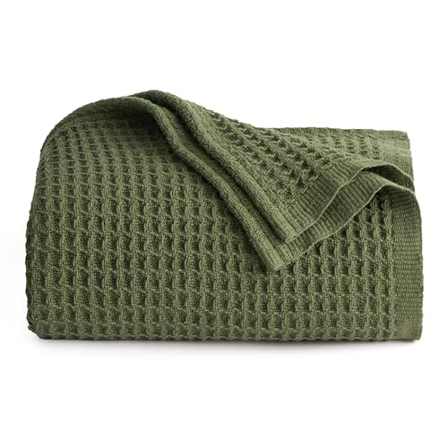 Bedsure 100% Cotton Large Throw Blankets for Couch - Waffle Weave Olive Green Throw Blankets for Bed, Lightweight and Soft Spring Throw Blankets for Office, 50x70 inches