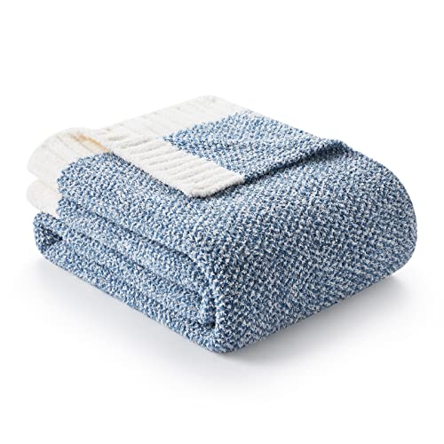 Snuggle Sac Heather Blue Throw Blanket for Couch, Reversible Super Soft Blankets Warm Cozy Knit Fuzzy Plush Lightweight Throw Blankets for Sofa, Bed, Camping, Picnic, 50 x 60 inch