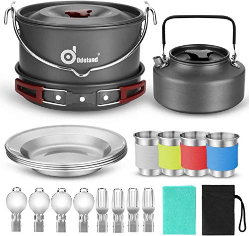 Odoland 22pcs Camping Cookware Mess Kit, Large Size Hanging Pot Pan Kettle with Base Cook Set for 4, Cups Dishes Forks Spoons Kit for Outdoor Camping Hiking Picnic