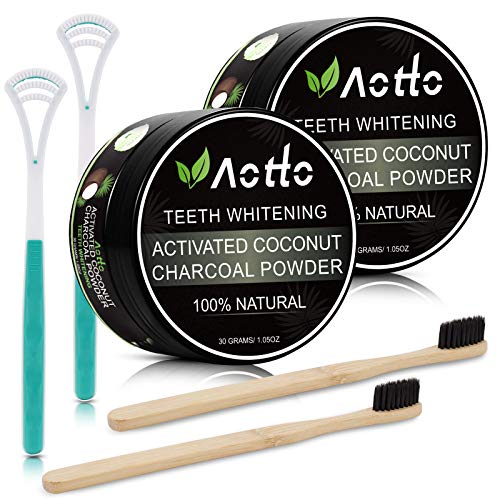 Activated Charcoal Teeth Whitening Powder – 30g Natural Tooth Whitener with Bamboo Toothbrush and Tongue Scrapers 2-Pack Aotto