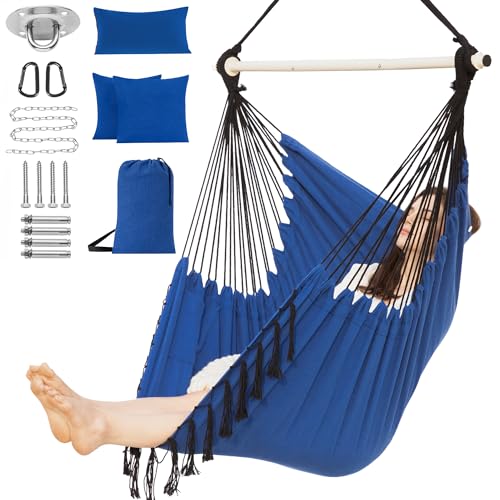 PNAEUT Hammock Chair XXL Size, Hanging Chair, Swing Chair, Max 550 Lbs, Patented Headrest, 2 Cushions, Large Macrame with Pocket, Steel Spreader, Hardware Kits and Bag for Indoor Outdoor (Navy)