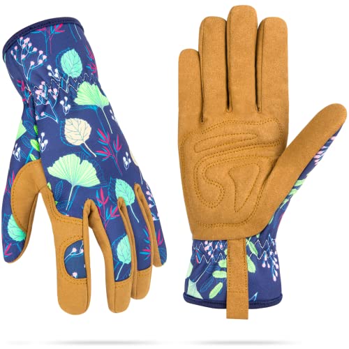 WOHEER Leather Gardening Working Gloves for Women, Abrasion Garden Gloves Scratch Resistant Breathable for Weeding, Digging, Planting, Raking & Mowing (Medium)