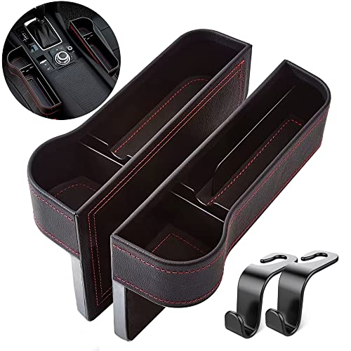 Car Seat Gap Filler Organizer and Storage Box, Between Front seat Auto Premium PU Leather Console with car seat Gap Organizer, Car Pocket for Interior Essentials (for 2 Side)+(2 Hook)