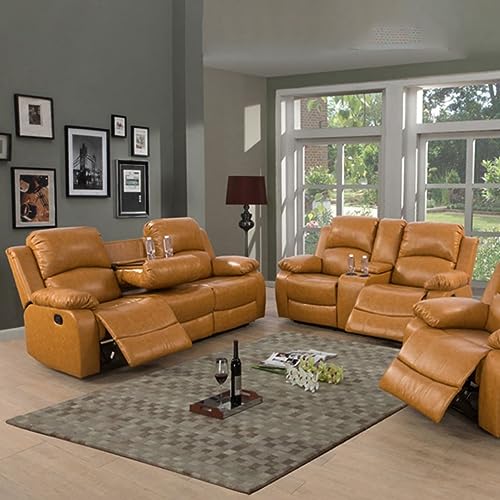 Caberryne 2 Pieces Leather Recliner Sofa Set，Recliner Sofa and Loveseat Sets for Living Room Furniture Sets，Ginger Recliner Couch Set for Living Room/Office/Theater Seating(Sofa Set 2 Pieces)