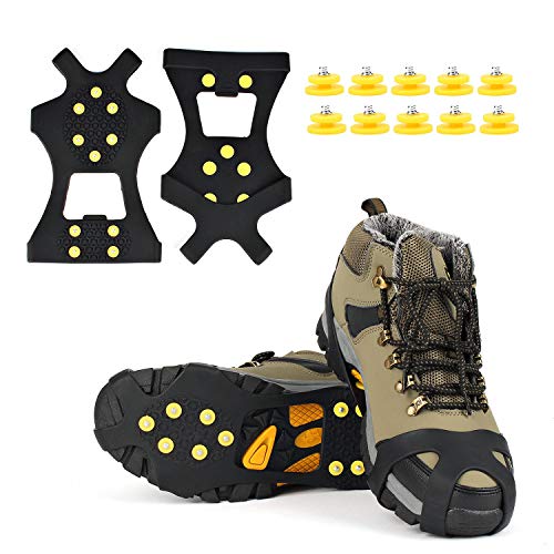EONPOW Ice Grips, Ice & Snow Grips Cleat Over Shoe/Boot Traction Cleat Rubber Spikes Anti Slip 10 Steel Studs Crampons Slip-on Stretch Footwear (Size L) Extra10 Studs Included