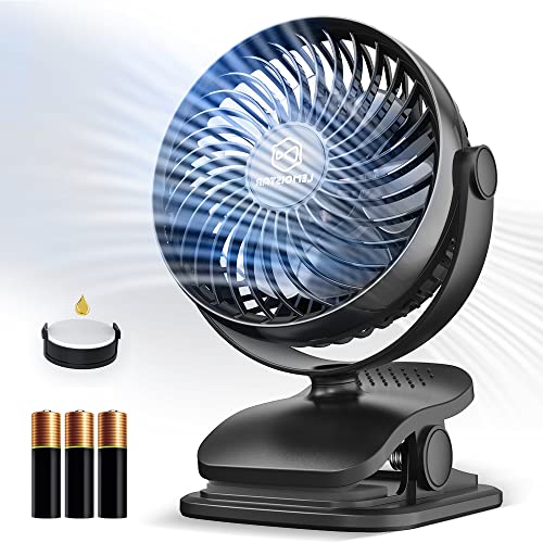 AA Battery Operated Stroller Fan, 5 Inch Clip on Desk Fans with 4 Speeds, Bonus Aroma Function, Quiet USB Personal Fan, Portable Camping Fan, 360°Rotation, Wireless Golf Car Fan for Bed, Home, Office