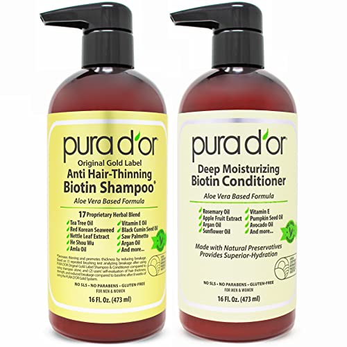 PURA D'OR Anti-Thinning Biotin Shampoo and Conditioner, CLINICALLY TESTED Proven Results, DHT Blocker Thickening Products For Women & Men, Color Treated Hair, Original Gold Label Hair Care Set 16oz x2