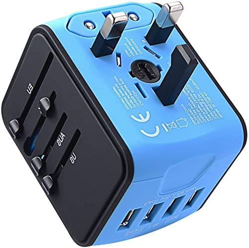 International Travel Adapter Universal Power Adapter Worldwide All in One 4 USB Perfect for European US, EU, UK, AU 160 Countries (Blue)