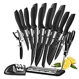 MIDONE Knife Set, 17 pcs German High Carbon Stainless Steel Kitchen Knife Set - 7 Knives, 6 Serrated Steak Knives, Scissors, Peeler & Sharpener with Acrylic Stand, Black