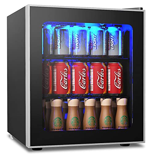 COSTWAY Beverage Refrigerator Cooler- 60 Cans Capacity Mini Drink Fridge with Removable Shelves, Adjustable Thermostat, Glass Door, LED Lights, Small Refrigerator for Soda Beer Wine, 1.6 Cu.Ft
