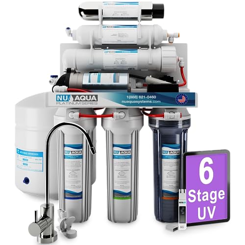 NU Aqua 6-Stage UV Under Sink Reverse Osmosis Water Filter System - Booster Pump - 100 GPD RO Filtration w/Faucet & Tank - UV - 100GPD Undersink - Home & Kitchen Drinking Purifier