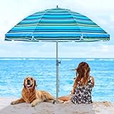 wikiwiki 7FT Beach Umbrella for Sand, Portable Sunshade Umbrella with Sand Anchor, Carry Bag, Push Button Tilt, Air Vents, SPF60+ Protection Sun Shelter for Sand and Outdoor (Stripe Blue and Green)