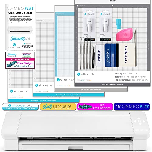 Silhouette Cameo 4 Plus Bundle with 2 Autoblades, 3 different Cutting mats, CC Vinyl Tool Kit, 100 Designs, and Access to Ebooks, Classes and more