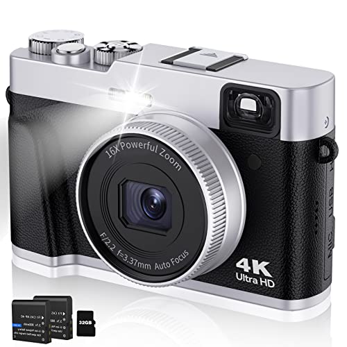4K Digital Camera with Viewfinder Flash & Dial, 48MP Vlogging Camera for Photography and Video Autofocus Anti-Shake, Travel Portable Digital Camera with SD Card 2 Batteries, 16X Zoom Fashion Camera