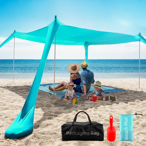 Beach Tent Sun Shelter UPF50+, 10x10 FT Family Beach Shade Canopy with 4 Aluminum Poles, Beach Blanket, Carrying Bag and Sand Shovel, Outdoor Pop Up Tent for Beach Camping Trips