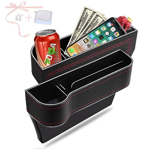 Car Seat Gap Filler Organizer, 2 Pack Multifunctional Car Seat Organizer, Auto Console Side Storage Box with Cup Holders 2 Seat Hooks for Drink, Car Organizer Front Seat for Holding Phone, Sunglasses