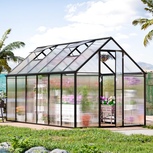 CDCASA 12x6 FT Greenhouse for Outdoors, Easy Assembly Aluminum Heavy Duty Polycarbonate Greenhouses Kit w/2 Vent Window, Swing Door, Walk-in Green House for Sunroom Patio, Backyard, Garden