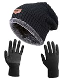HINDAWI Winter Slouchy Beanie Gloves for Women Knit Warm Hats Skull Caps Touch Screen Mittens Black