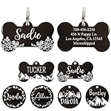 UltraJoys Stainless Steel Pet ID Tag Dog Name Tags Personalized Front and Back Engraving, Customized Dog Tags and Cat Tags, Optional Engraved on Both Sides, Bone Tag with Floral Design, Large