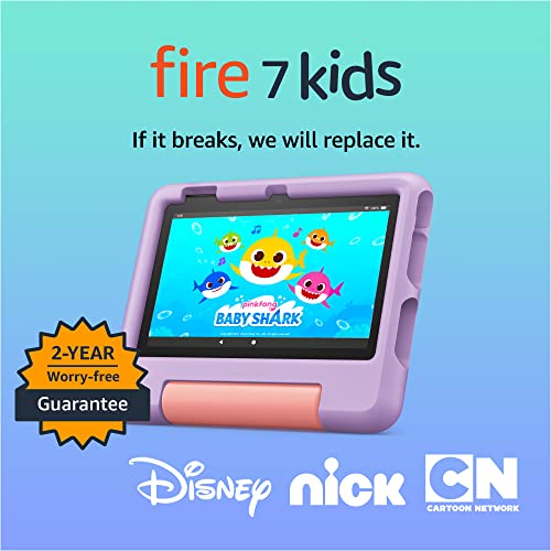 Amazon Fire 7 Kids Tablet (2022) - ages 3-7. 2 year worry-free guarantee, 10-hr battery, ad-free content, parental controls, durable high-res screen, kid-proof case with kickstand, 16 GB, Purple