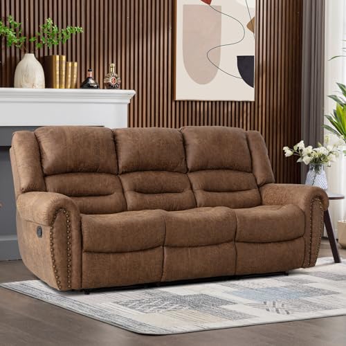 CANMOV Faux Leather Manual Reclining Sofa, 3 Seat Recliner Sofa with Overstuffed Comfortable Armrest and Backrest,Couch Set for Living Room, Bedroom Furniture, Office(Nut Brown,3 Seat Sofa)