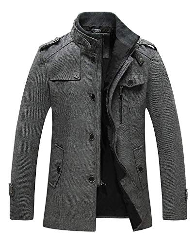Wantdo Men's Long Peacoat Military Winter Coat Windproof Wool Jacket Grey X-Large