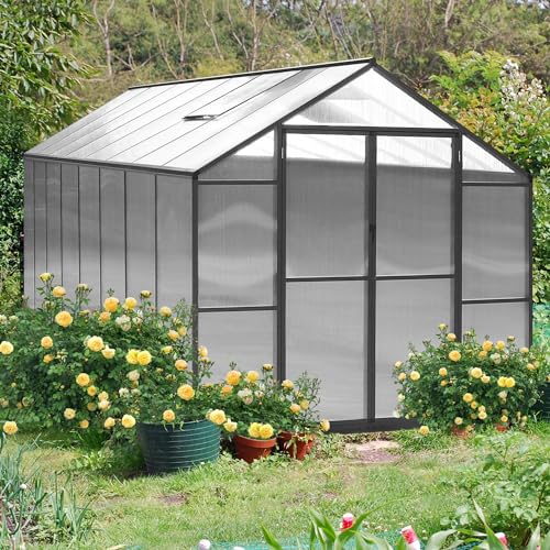 Yardenaler 8x16 FT Greenhouse Kit for Outdoor, Polycarbonate Aluminum Walk-in Green House with Lockable Door and Adjustable Roof Vent, Backyard Garden in Winter, Gray