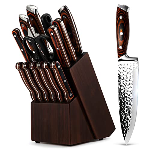 Kitchen Knife Set,15-Piece Knife Set With Block Wooden,Self Sharpening For Chef Knife Set,High Carbon Japan Stainless Steel Hammered Collection Knife Block Set with Steak Knives, Boxed Knife Set