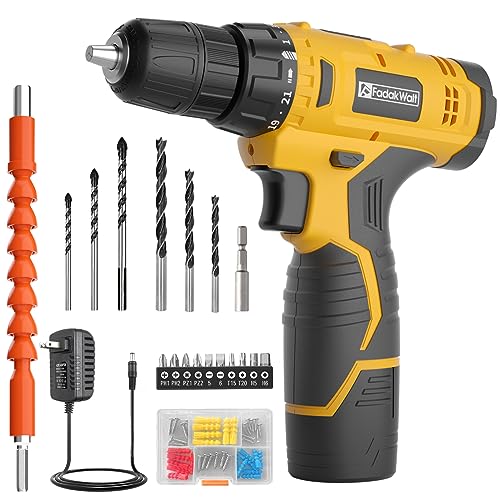 FADAKWALT Cordless Drill Set,12V Power Drill Set with Battery and Charger, compact Driver/Drill Bits, 3/8'' Keyless Chuck,21+1 Torque Setting, 180 inch-lbs, with LED Electric Drill Set (Yellow)