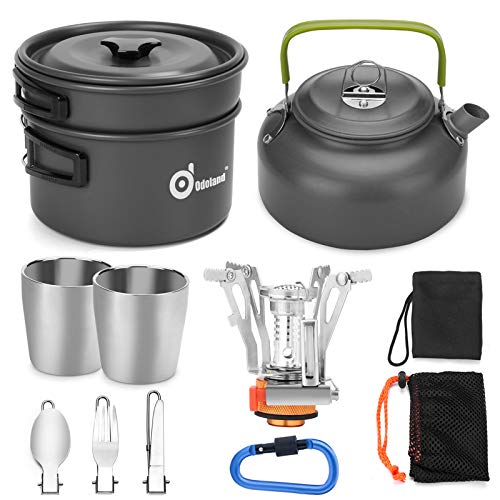 Odoland 12pcs Camping Cookware Mess Kit with Mini Stove, Lightweight Pot Pan Kettle with 2 Cups, Fork Spoon Kit for Backpacking, Outdoor Camping Hiking and Picnic