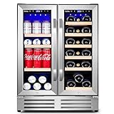 Wine and Beverage Refrigerator,Velieta 24 Inch Dual Zone Fridge with Glass Door, Built-In Cooler with Powerful and Quite Cool System/18 Bottles and 88 Cans Capacity, Stainless Steel silver (KMYL120)